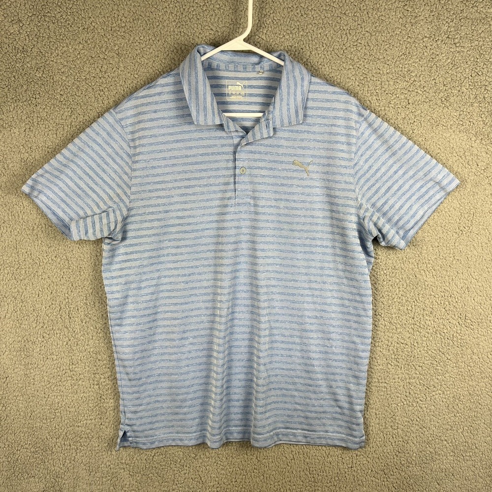 Puma Golf‎ Polo Shirt Men's XL Short Sleeve Blue Striped Knit Polyester